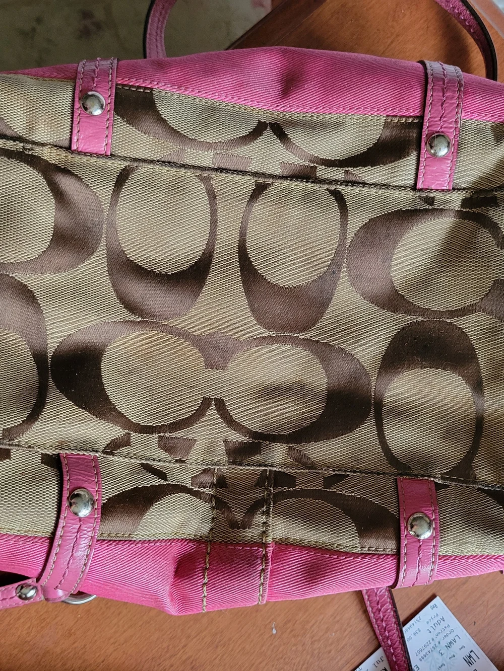 Coach Brown Logo Satchel with Pink Leather Trim